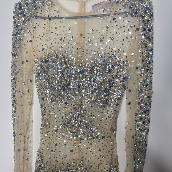 JOVANI Long Sleeve Jeweled Sheer Short Dress - Picture 11 of 14